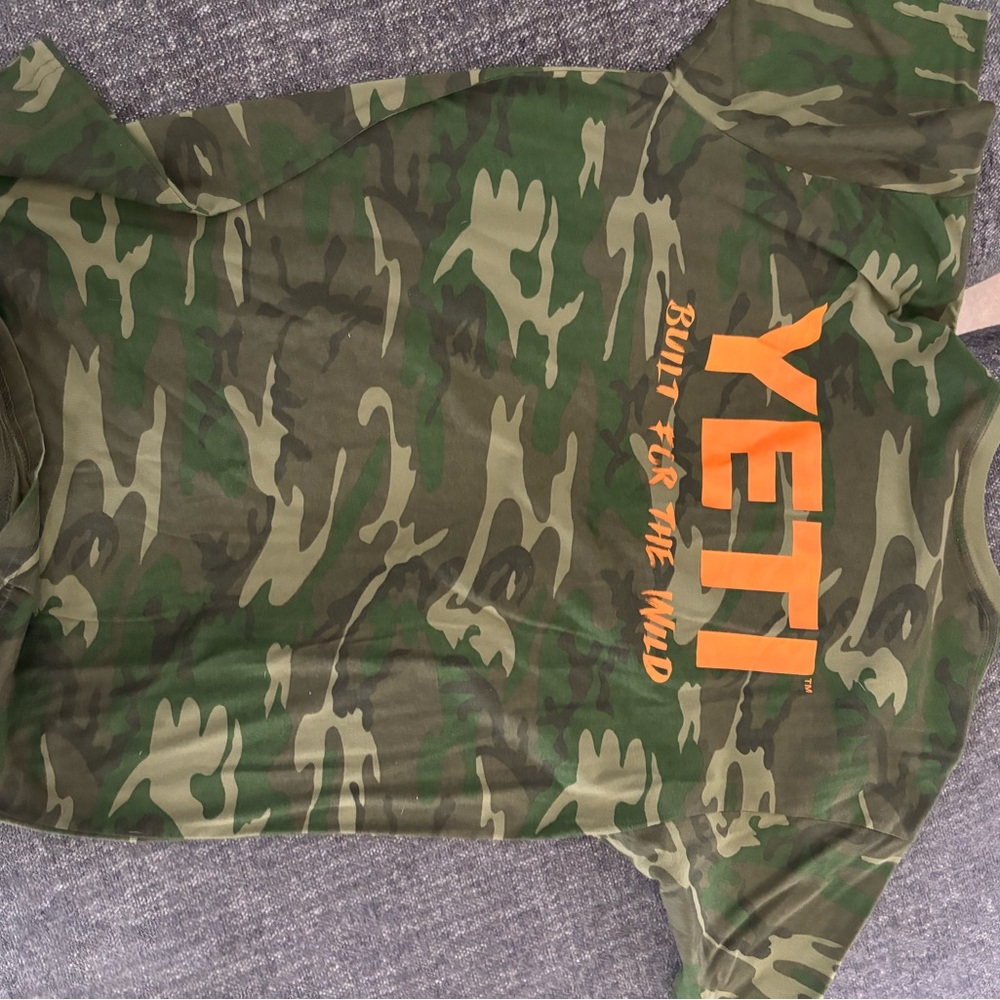 YETI Green Camouflage Shirt with Orange Text